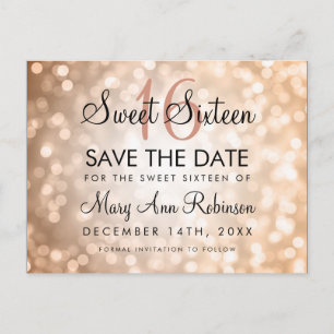 Sweet 16 Save the Date Rose Gold Glitzer Lights Ankündigungspostkarte