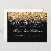 Sweet 16 Save the Date schimmernde Goldlichter Ankündigungspostkarte (Vorne/Hinten)