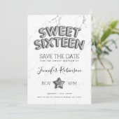 Sweet 16 Save the Date Silver Balloons Glitzer Einladung (Stehend Vorderseite)