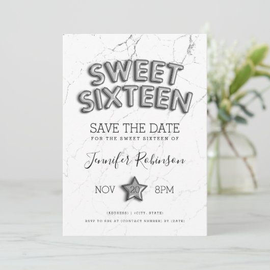 Sweet 16 Save the Date Silver Balloons Glitzer Einladung (Stehend Vorderseite)
