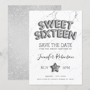 Sweet 16 Save the Date Silver Balloons Glitzer Einladung