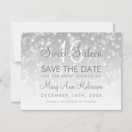 Sweet 16 Save the Date Silver Bokeh Sparkle Lights (Vorderseite)
