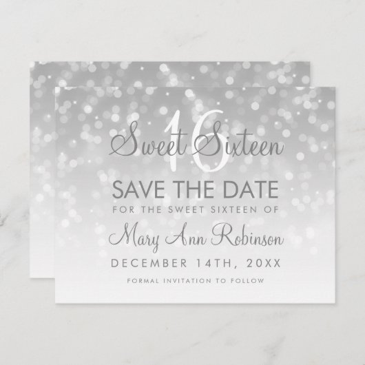 Sweet 16 Save the Date Silver Bokeh Sparkle Lights (Vorne/Hinten)
