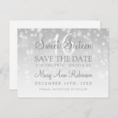 Sweet 16 Save the Date Silver Bokeh Sparkle Lights Ankündigungspostkarte (Vorne/Hinten)