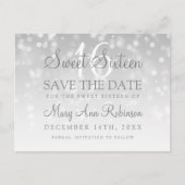 Sweet 16 Save the Date Silver Bokeh Sparkle Lights Ankündigungspostkarte (Vorderseite)