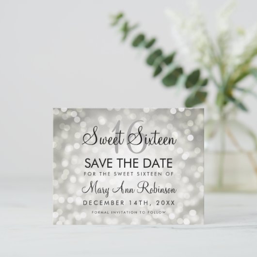 Sweet 16 Save the Date Silver Glitzer Lights (Stehend Vorderseite)
