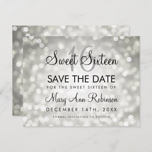 Sweet 16 Save the Date Silver Glitzer Lights (Vorne/Hinten)