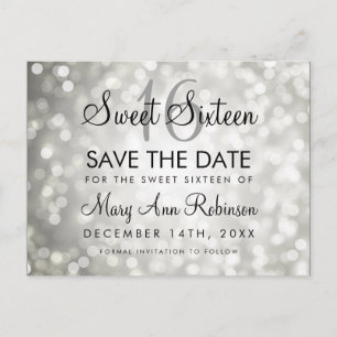 Sweet 16 Save the Date Silver Glitzer Lights Ankündigungspostkarte