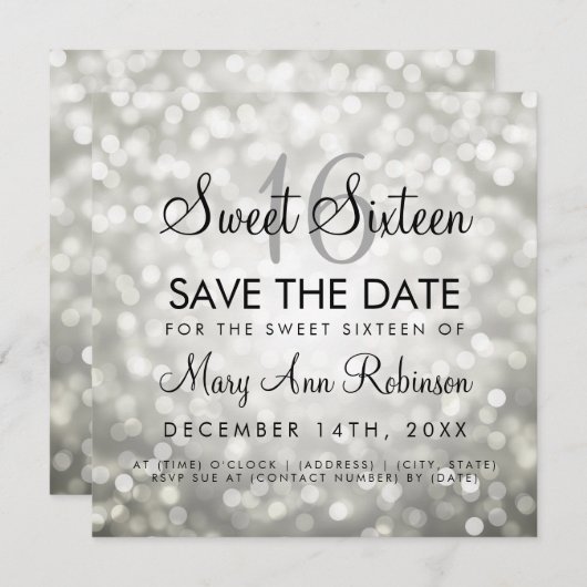Sweet 16 Save the Date Silver Glitzer Lights Einladung (Vorne/Hinten)