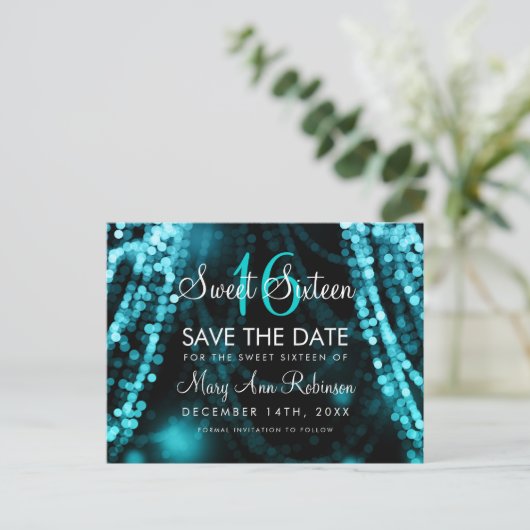 Sweet 16 "Save the Date" türkisfarbene String Ligh Ankündigungspostkarte (Stehend Vorderseite)