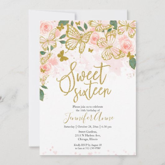 Sweet 16 Schmetterling Einladung Blush Bloral Gold (Vorderseite)