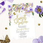 Sweet 16 Schmetterling Einladung Lila Blütengold<br><div class="desc">Ein skurriler lila und goldener Glitzer Schmetterlinge laden ein. Ideal für Schmetterlingstheater 16. Geburtstagsfeier. ANPASSUNG: Bitte senden Sie mir eine Nachricht durch den Chat,  wenn Sie eine Anpassung,  wie zum Beispiel eine Farbänderung,  benötigen. ÄNDERN DER BESTEHENDEN BESTELLUNG/VERSANDZEIT,  ETC,  wenden Sie sich bitte direkt an den Zazzle Support. https://help.zazzle.com/hc/en-us/articles/221463567-How-Do-I-Contact-Zazzle-Customer-Support-</div>