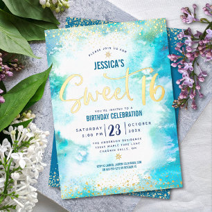 Sweet 16 Schrift Türkis Wasserfarbe Echtgold Folieneinladung