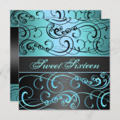 Sweet 16 Schwarz/Blau Swirl Geburtstag Einladung (Vorne/Hinten)