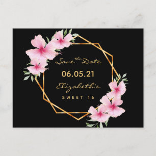 Sweet 16 Schwarz-Gold-Rosa-Florale Save the Date Postkarte