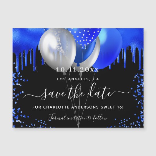 Sweet 16 schwarz königsblau speichern Sie den Datu Magneteinladung (Vorderseite)
