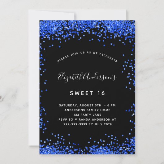 Sweet 16 schwarz königsblaue Glitzern Luxus Einladung (Vorderseite)