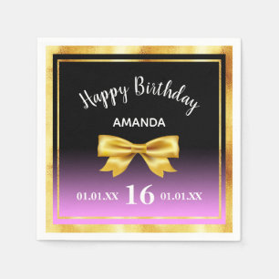 Sweet 16 schwarz, lila, rosa, goldfarbener Bogen Serviette
