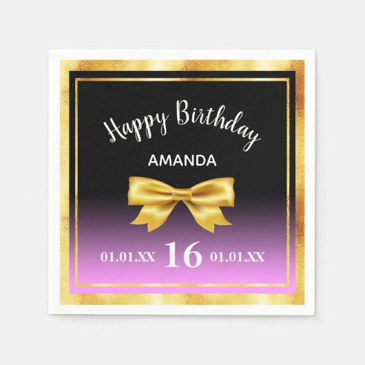 Sweet 16 schwarz, lila, rosa, goldfarbener Bogen Serviette (Vorderseite)