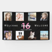 Sweet 16 Schwarz Rosa Party Foto Collage Girl Banner (Horizontal)
