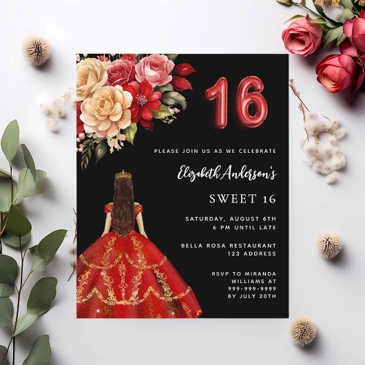 Sweet 16 Schwarz-Rot-Kleidung Rose Einladung