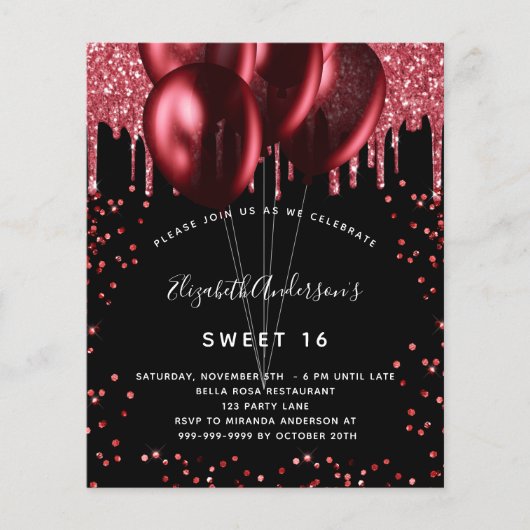 Sweet 16 schwarz rote Ballons Einladung (Vorderseite)