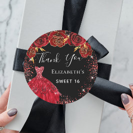 Sweet 16 schwarz rote Kleiderfloralen Danke Runder Aufkleber
