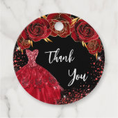 Sweet 16 schwarz rotes Kleid danke Geschenkanhänger (Vorderseite)