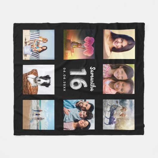 Sweet 16 Schwarz-Silber-Foto Collage Name Fleecedecke (Vorderseite (Horizontal))