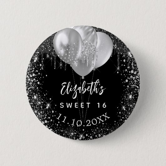 Sweet 16 Schwarz-Silber-Glitzer-Ballons Button (Vorderseite)