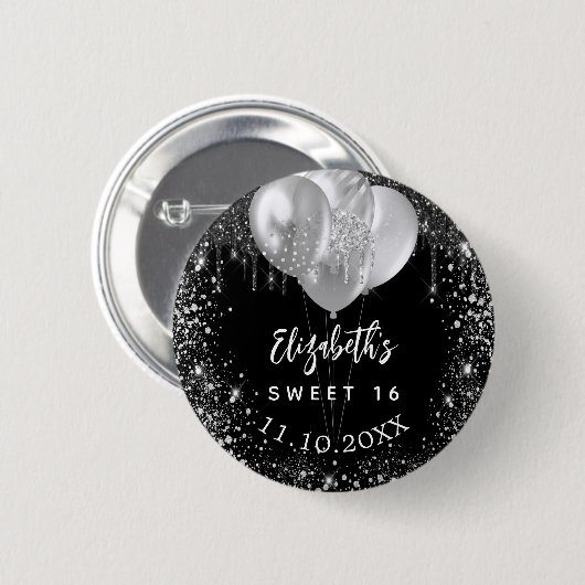 Sweet 16 Schwarz-Silber-Glitzer-Ballons Button (Vorne & Hinten)