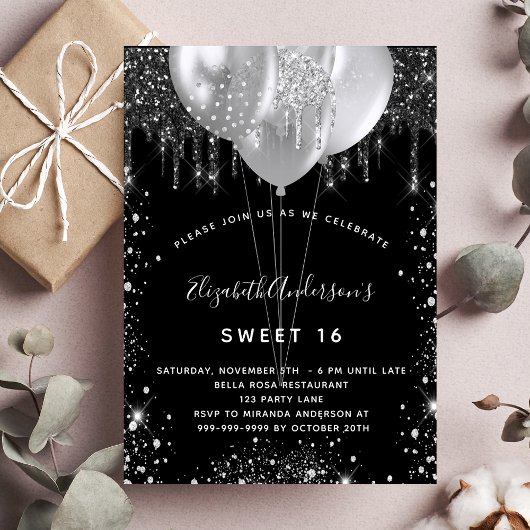 Sweet 16 Schwarz-Silber-Glitzer-Ballons Einladungspostkarte