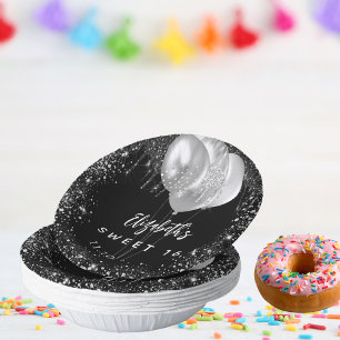 Sweet 16 Schwarz-Silber-Glitzer-Ballons Pappteller