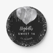 Sweet 16 Schwarz-Silber-Glitzer-Ballons Pappteller (Vorderseite)