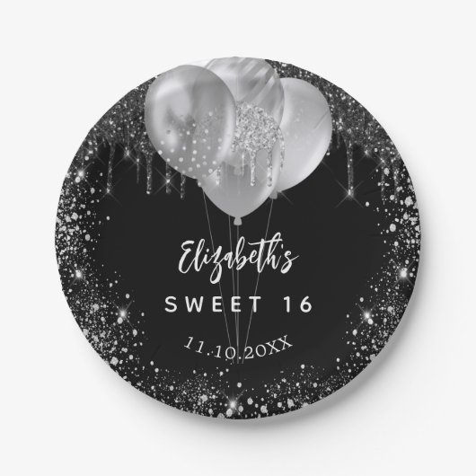 Sweet 16 Schwarz-Silber-Glitzer-Ballons Pappteller (Vorderseite)