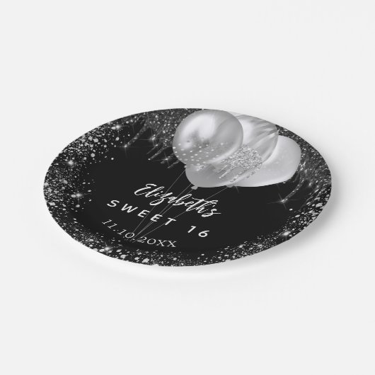 Sweet 16 Schwarz-Silber-Glitzer-Ballons Pappteller (Schrägansicht)