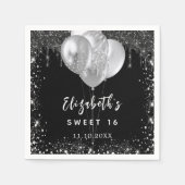 Sweet 16 Schwarz-Silber-Glitzer-Ballons Serviette (Vorderseite)