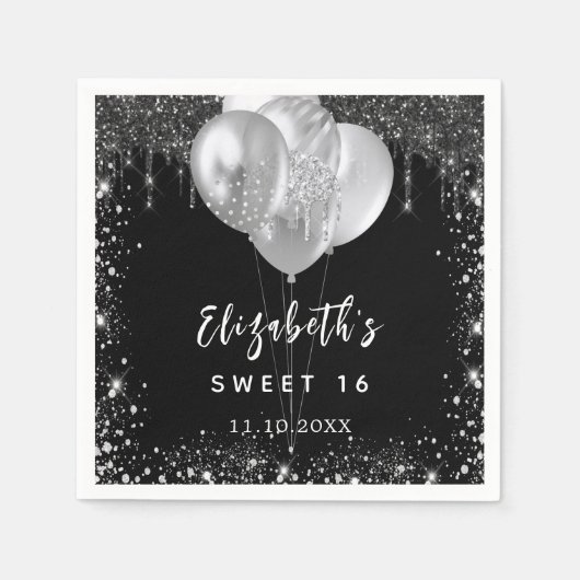 Sweet 16 Schwarz-Silber-Glitzer-Ballons Serviette (Vorderseite)