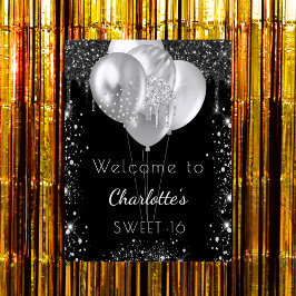 Sweet 16 Schwarz-Silber-Glitzer Begrüßungsballons Poster