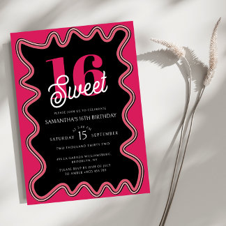 Sweet 16 Schwarz und Rosa Retro Wavy Sechzehnte Einladung