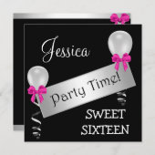 Sweet 16 Schwarz-weiß Silver Pink Bows Balloons Einladung (Vorne/Hinten)