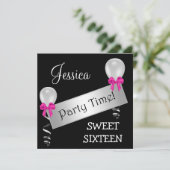 Sweet 16 Schwarz-weiß Silver Pink Bows Balloons Einladung (Stehend Vorderseite)