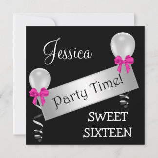 Sweet 16 Schwarz-weiß Silver Pink Bows Balloons Einladung