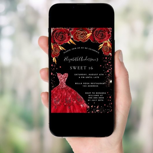 Sweet 16 Schwarze Glitzern kleiden Blumenmuster Einladung