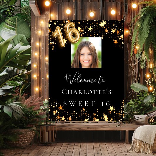 Sweet 16 schwarze Goldstars Foto willkommen Poster