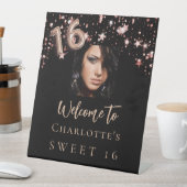 Sweet 16 schwarze Rose Goldstars Foto willkommen Sockelschild (In Situ)