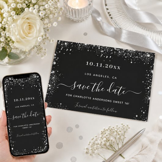 Sweet 16 schwarzer Glitzer Save the Date