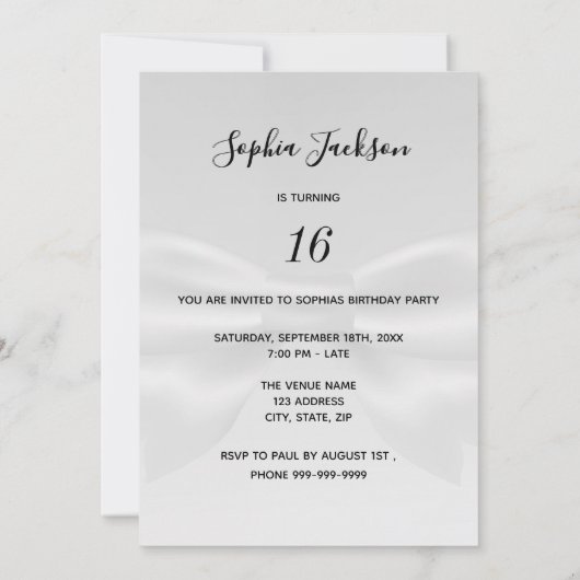 Sweet 16 schwarzer Silberbogen Einladung (Rückseite)