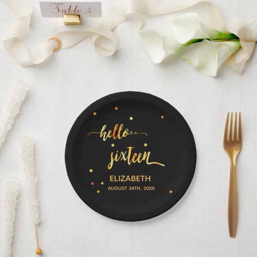 Sweet 16 schwarzes Gold hello 16 typografischer Na Pappteller (Hochzeit)