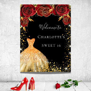 Sweet 16 schwarzes Goldkleid rotes Blumendesign Wi Poster
